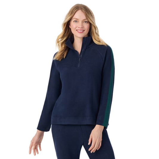 A lady wearing  Navy Blazer Cuddl Duds x Jennifer Lake Fleecewear with Stretch Half-Zip Pullover 