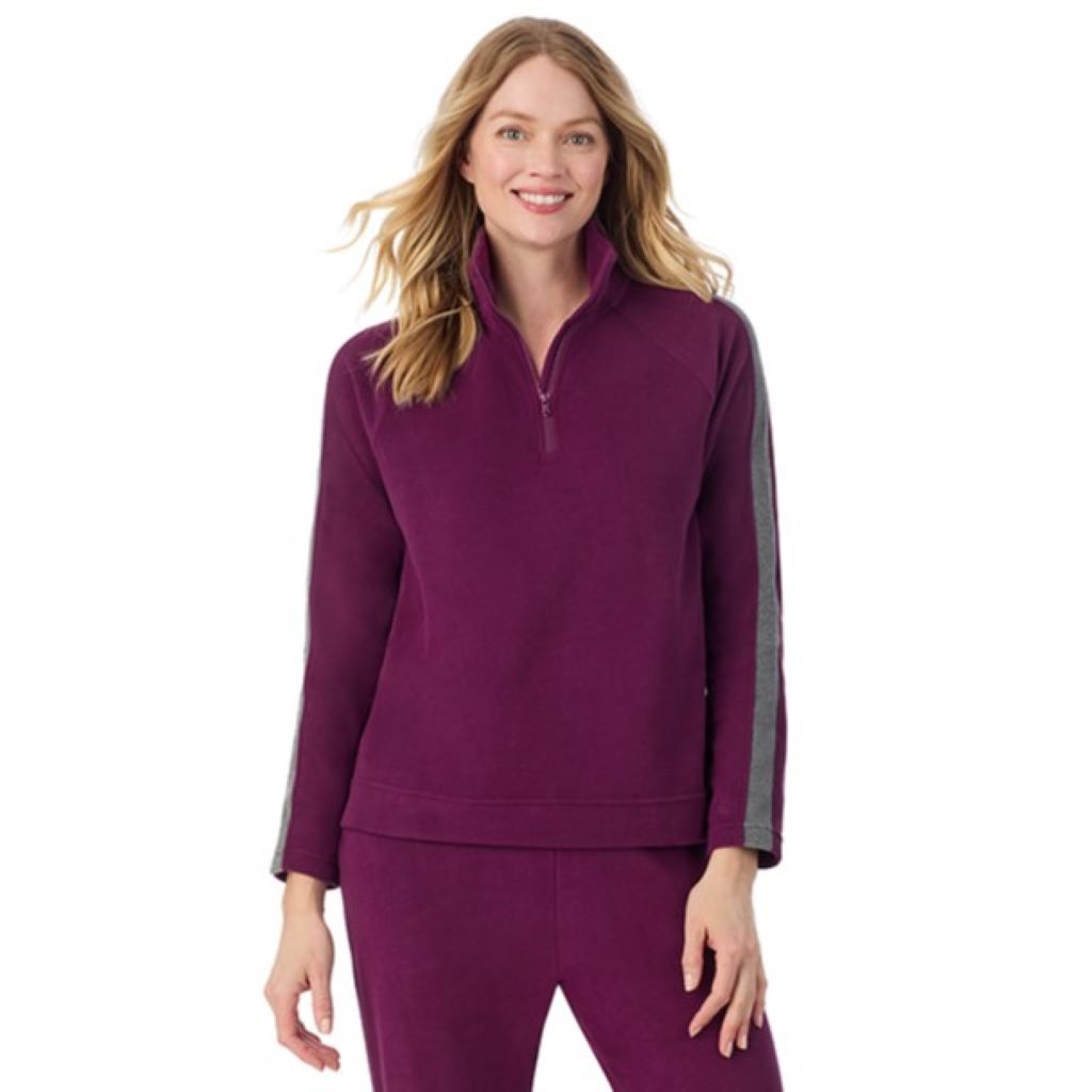 Dark Purple; Model is wearing size S. She is 5'11", Bust 33", Waist 24", Hips 34".@A lady wearing  Dark Purple Cuddl Duds x Jennifer Lake Fleecewear with Stretch Half-Zip Pullover 