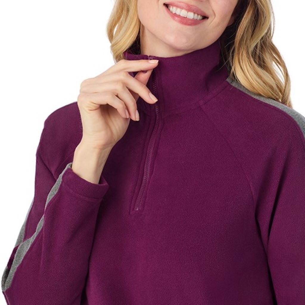 Dark Purple; Model is wearing size S. She is 5'11", Bust 33", Waist 24", Hips 34".@A lady wearing  Dark Purple Cuddl Duds x Jennifer Lake Fleecewear with Stretch Half-Zip Pullover 