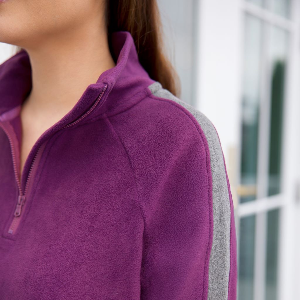 A lady wearing  Dark Purple Cuddl Duds x Jennifer Lake Fleecewear with Stretch Half-Zip Pullover 