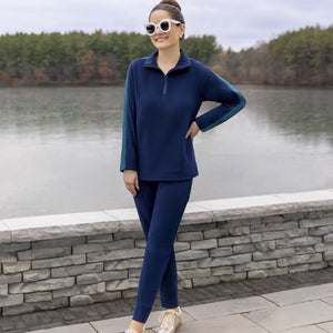 A lady wearing NAvy Blazer Cuddl Duds x Jennifer Lake Fleecewear with Stretch Half-Zip Pullover 