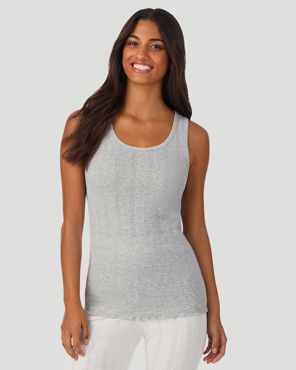  A lady wearing Grey Heather Cotton Pointelle Tank in a front view closer look