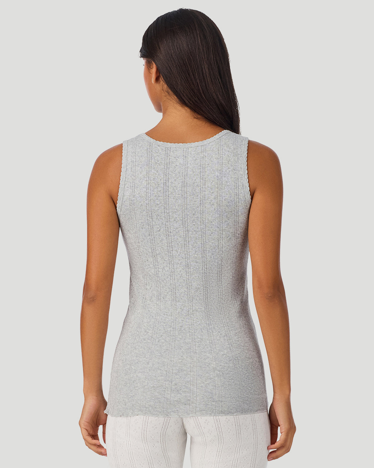  A lady wearing Grey Heather Cotton Pointelle Tank in a back view closer look