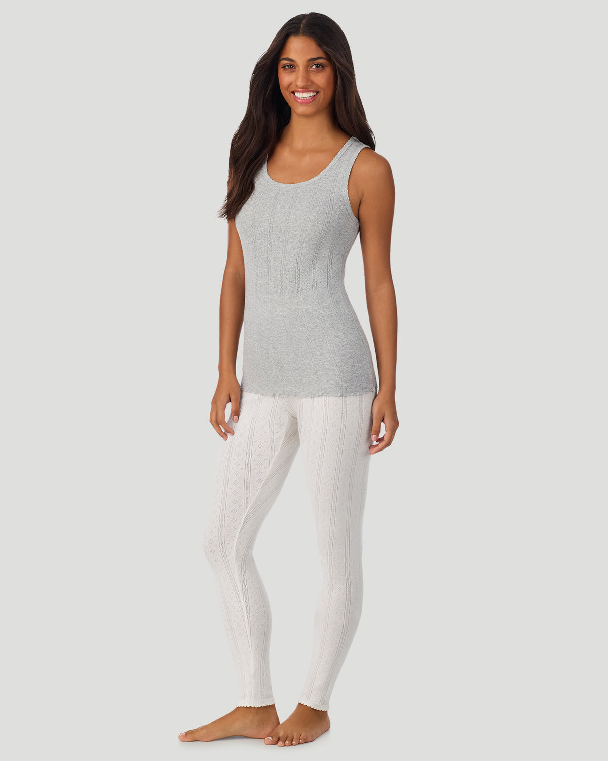  A lady wearing Grey Heather Cotton Pointelle Tank in a front view full standing look