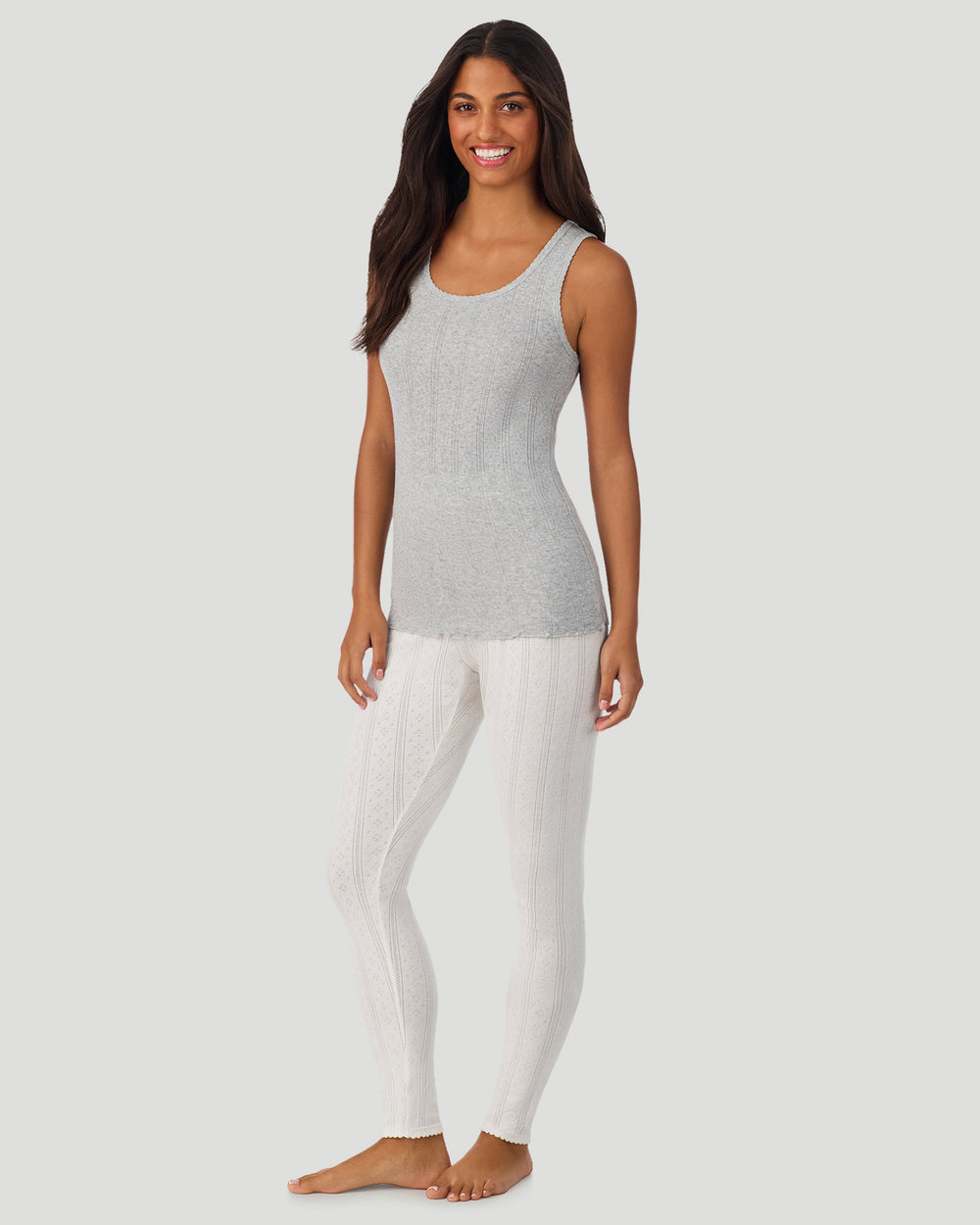 A lady wearing Grey Heather Cotton Pointelle Tank in a front view full standing look