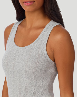  A lady wearing Grey Heather Cotton Pointelle Tank in a front view fabric detail close up look