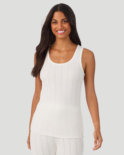  A lady wearing Ivory Cotton Pointelle Tank in a front view closer look