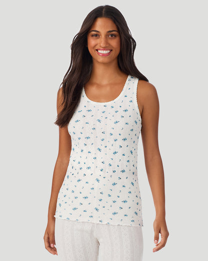 A lady wearing Blue Ditsy Cotton Pointelle Tank in a front view closer look