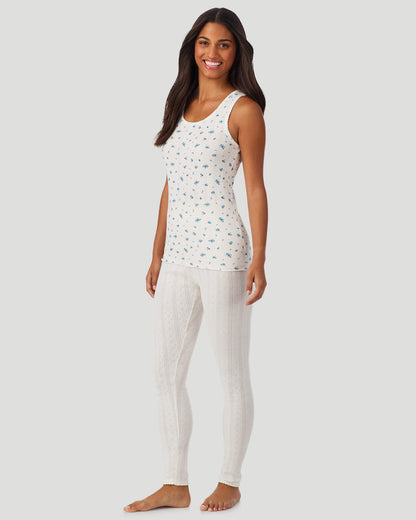  A lady wearing Blue Ditsy Cotton Pointelle Tank in a front view full standing look