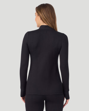  A lady wearing Cozy Cable Long Sleeve Quarter Zip Top in black back view