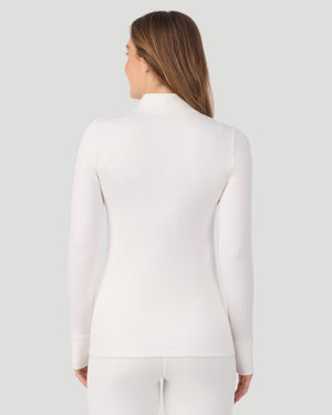  A lady wearing Cozy Cable Long Sleeve Quarter Zip Top in Ivory back view