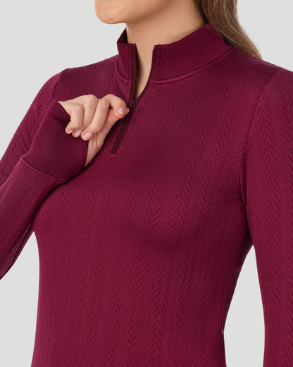  A lady wearing Cozy Cable Long Sleeve Quarter Zip Top in Bordeaux closer look at neck
