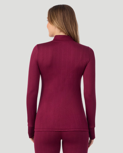  A lady wearing Cozy Cable Long Sleeve Quarter Zip Top in Bordeaux back view