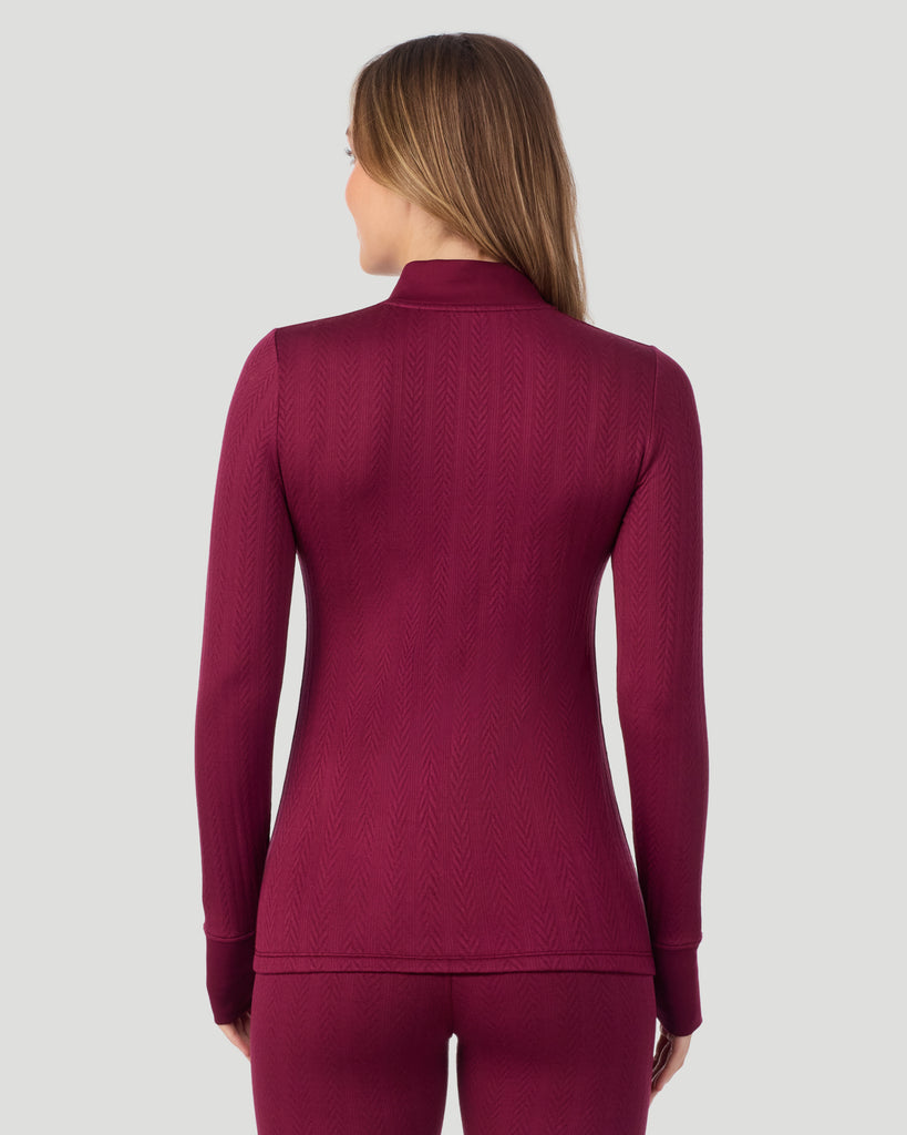  A lady wearing Cozy Cable Long Sleeve Quarter Zip Top in Bordeaux back view