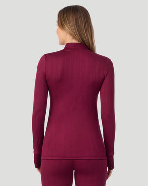  A lady wearing Cozy Cable Long Sleeve Quarter Zip Top in Bordeaux back view