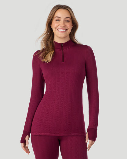  A lady wearing Cozy Cable Long Sleeve Quarter Zip Top in Bordeaux closer look