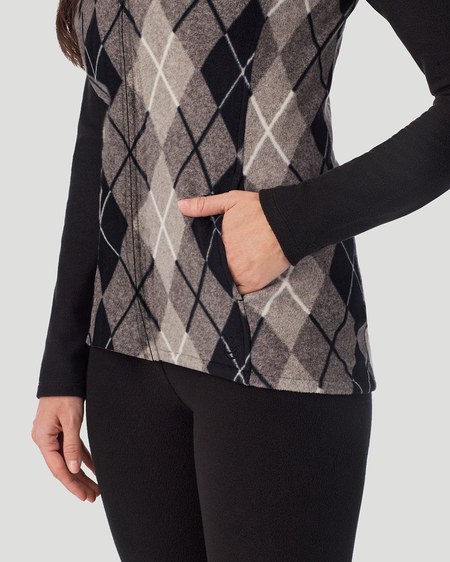 Charcoal Argyle;@A lady wearing Fleecewear with Stretch Vest in Charcoal Argyle
