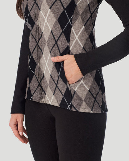 A lady wearing Fleecewear with Stretch Vest in Charcoal Argyle