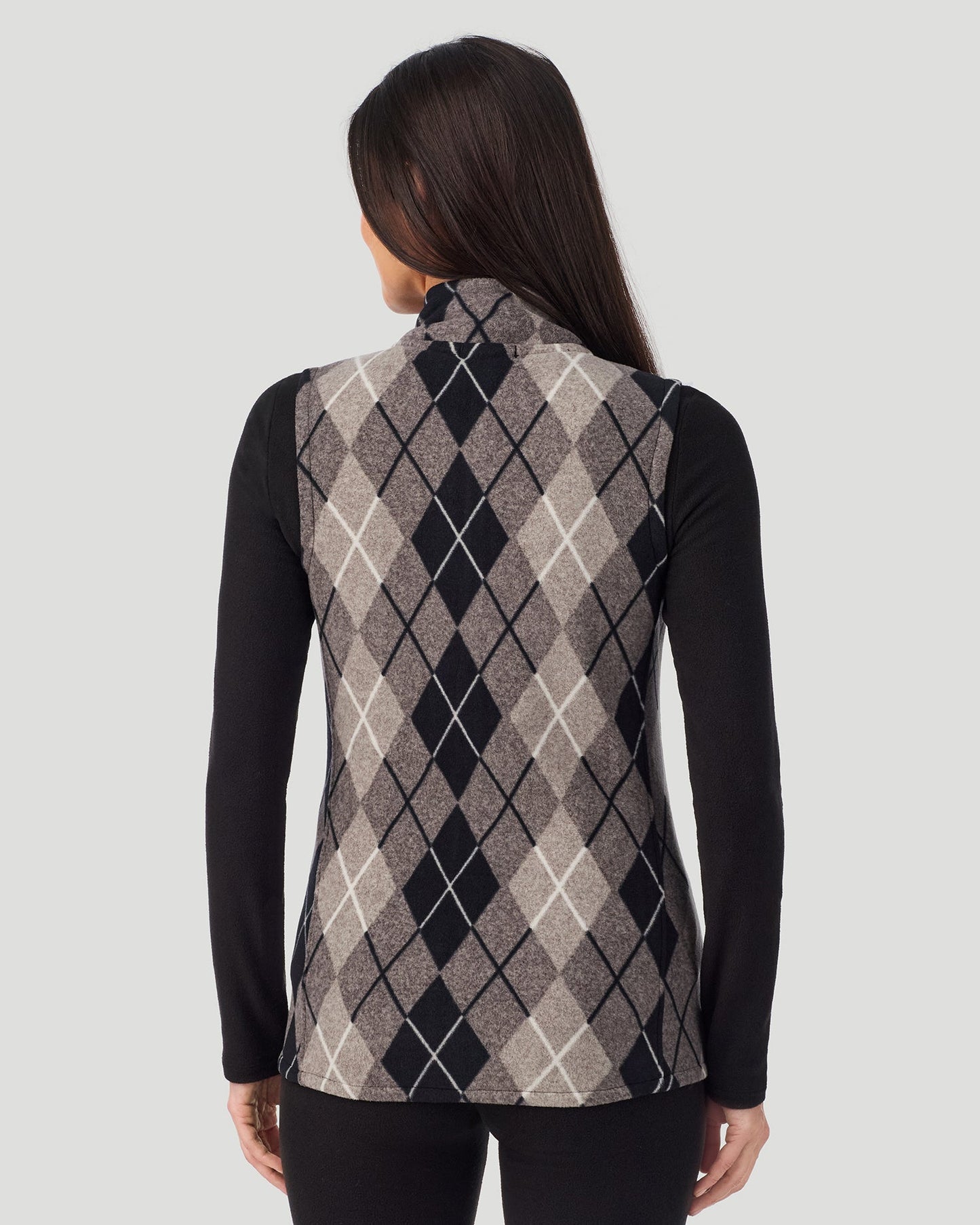 Charcoal Argyle;@A lady wearing Fleecewear with Stretch Vest in Charcoal Argyle