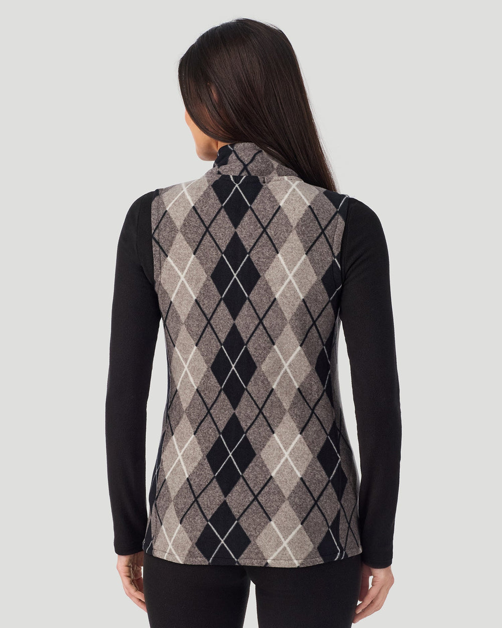 A Lady is wearing Charcoal Argyle Fleecewear with Stretch Vest in a back view pose