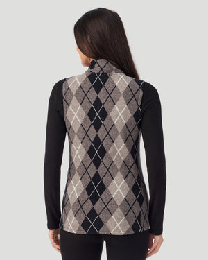  A Lady is wearing Charcoal Argyle Fleecewear with Stretch Vest in a back view pose