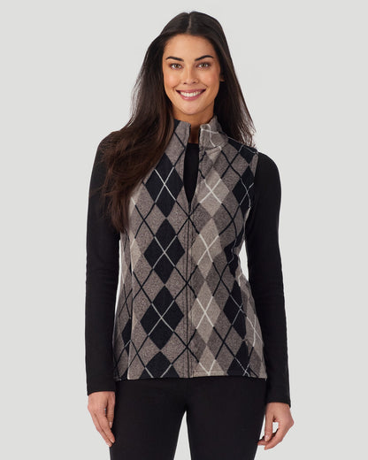 A lady wearing Fleecewear with Stretch Vest in Charcoal Argyle