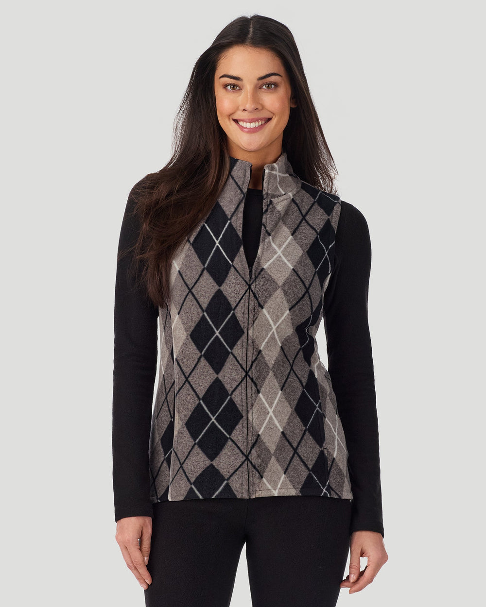 A Lady is wearing Charcoal Argyle Fleecewear with Stretch Vest in a front view pose