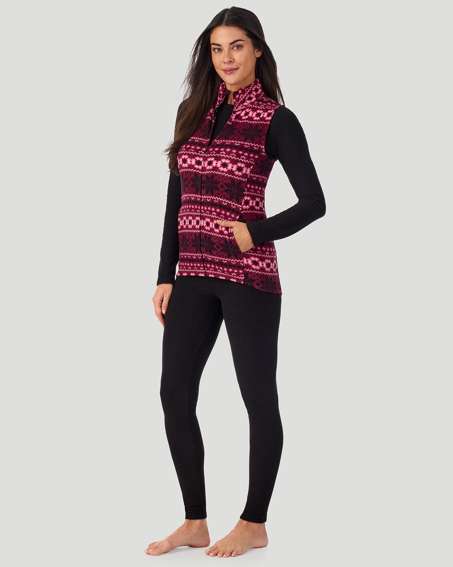A lady wearing Fleecewear with Stretch Vest in Bordeaux Fairisle