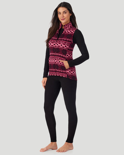 A lady wearing Fleecewear with Stretch Vest in Bordeaux Fairisle
