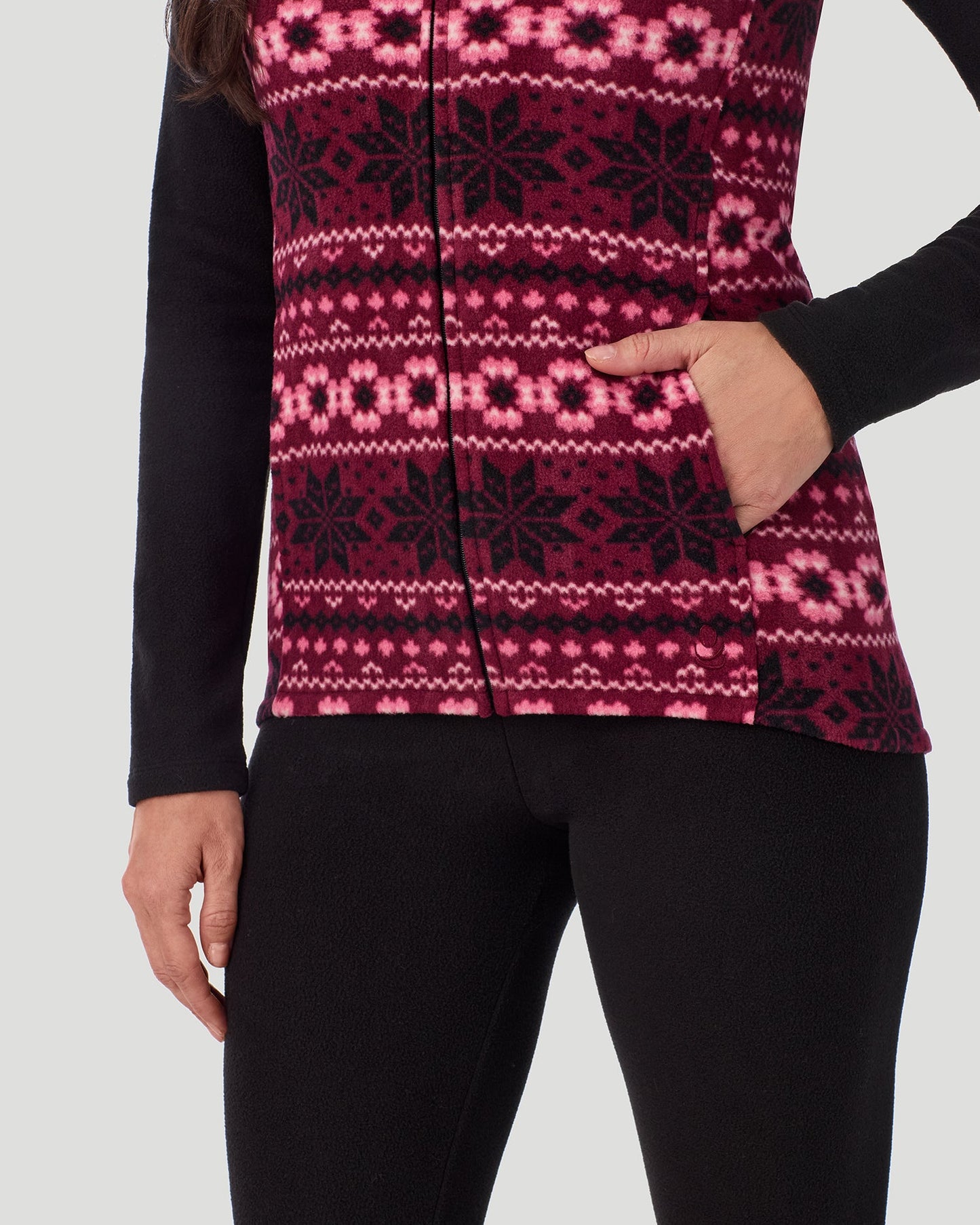 Bordeaux Fairisle;@A lady wearing Fleecewear with Stretch Vest in Bordeaux Fairisle