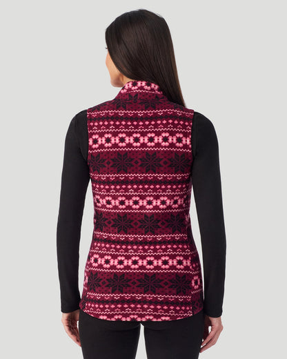 A lady wearing Fleecewear with Stretch Vest in Bordeaux Fairisle