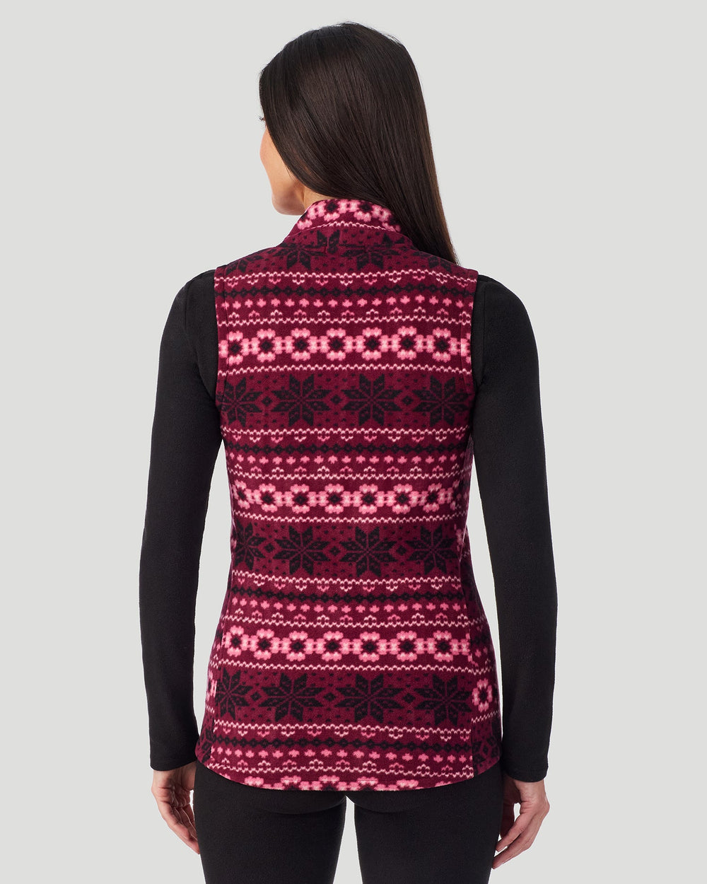 A Lady is wearing Bordeaux Fairisle Fleecewear with Stretch Vest in a back view pose