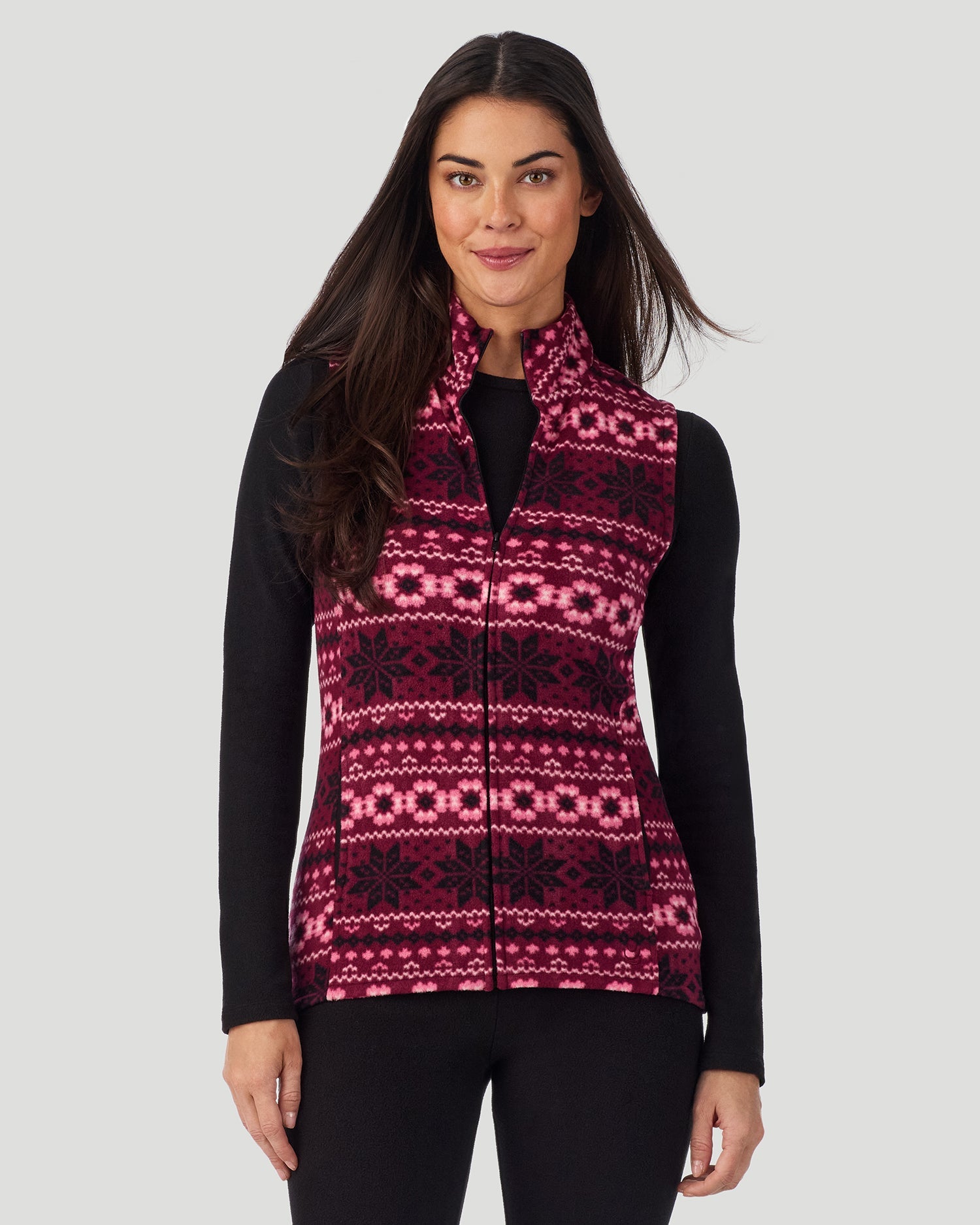 A lady wearing Fleecewear with Stretch Vest in Bordeaux Fairisle