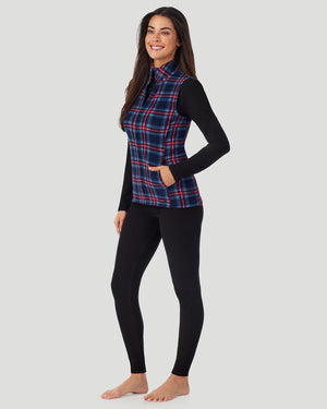  A Lady is wearing Navy Tartan Fleecewear with Stretch Vest in a front view standing pose