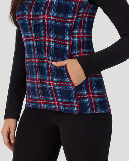A lady wearing Fleecewear with Stretch Vest in Navy Tartan
