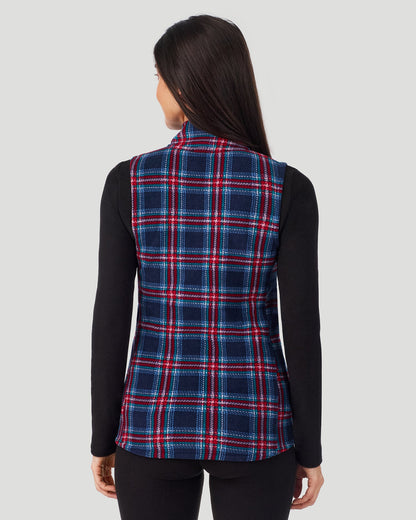 A lady wearing Fleecewear with Stretch Vest in Navy Tartan