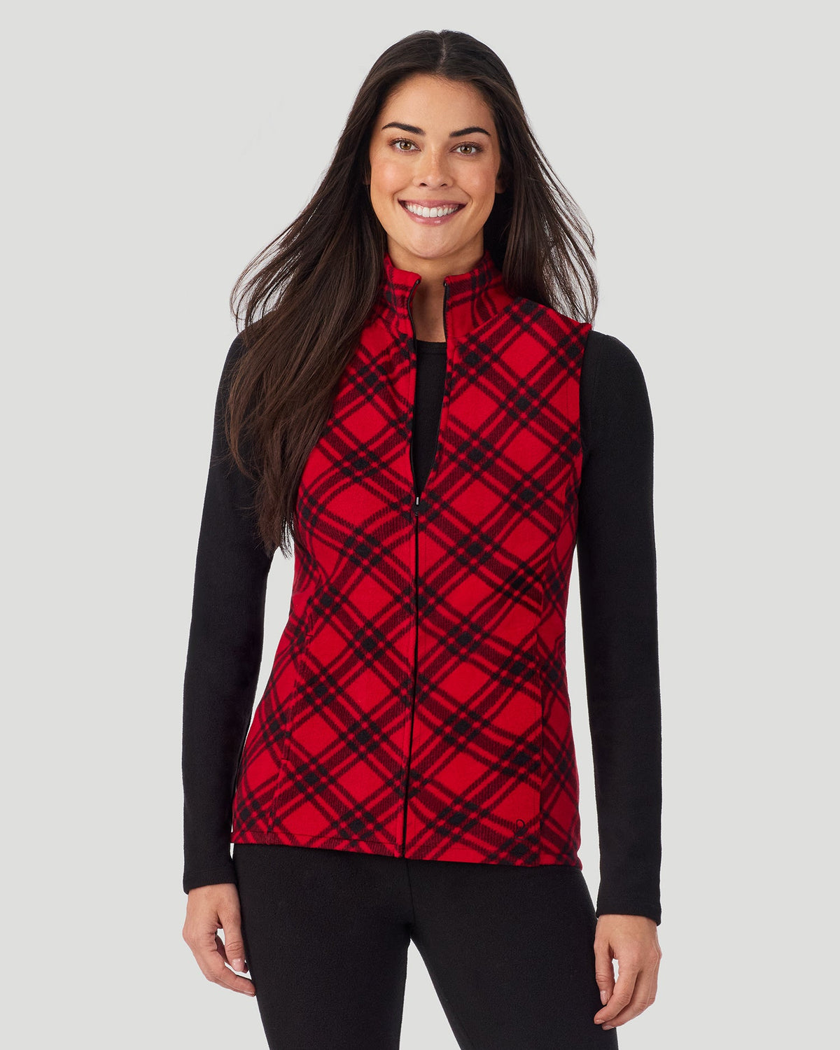 Red White Bias Plaid;@A lady wearing Fleecewear with Stretch Vest in Red White Bias Plaid