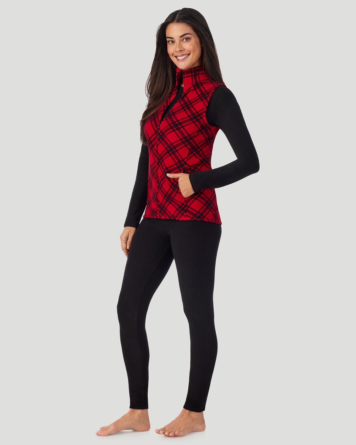 Red White Bias Plaid;@A lady wearing Fleecewear with Stretch Vest in Red White Bias Plaid