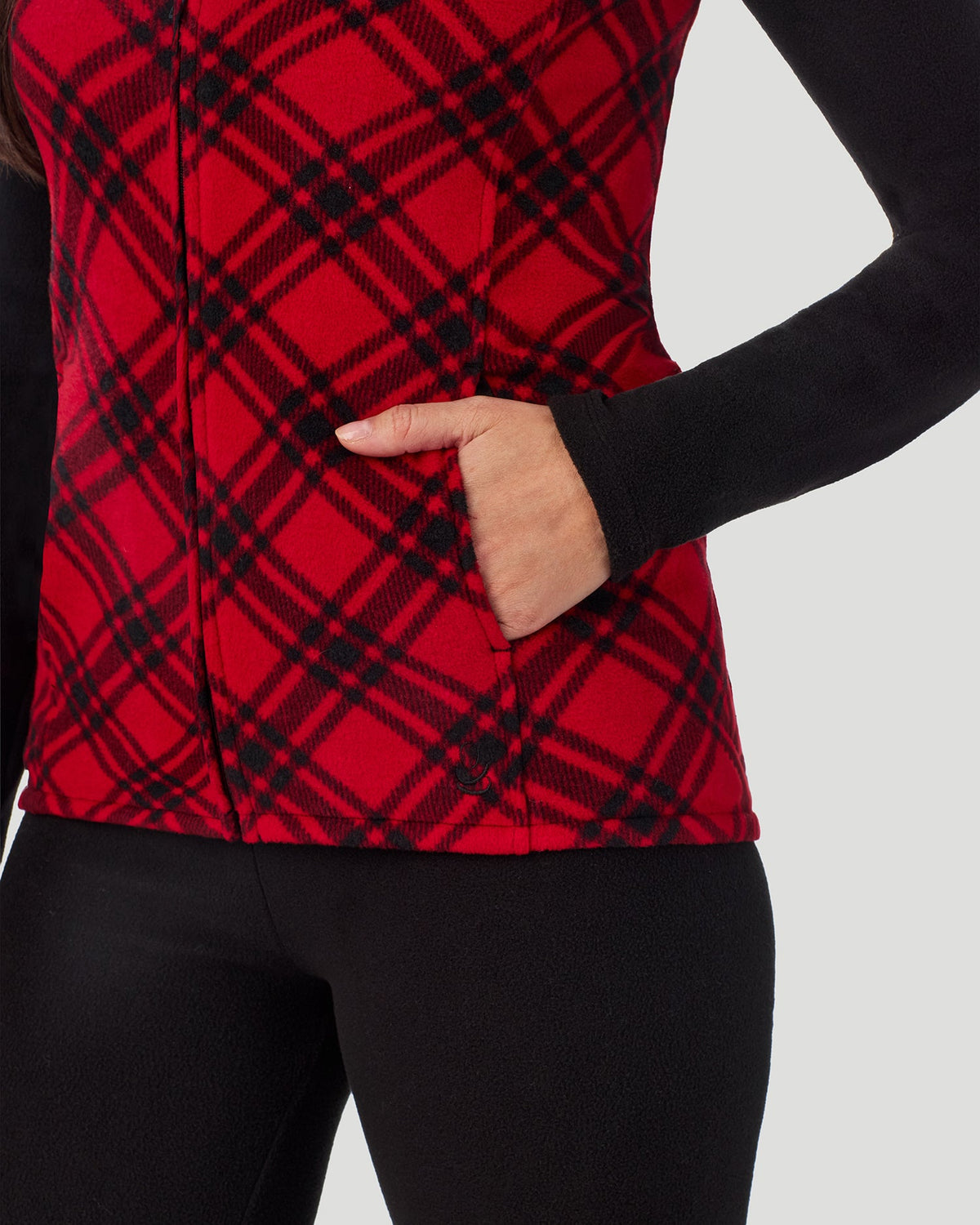 Red White Bias Plaid;@A lady wearing Fleecewear with Stretch Vest in Red White Bias Plaid