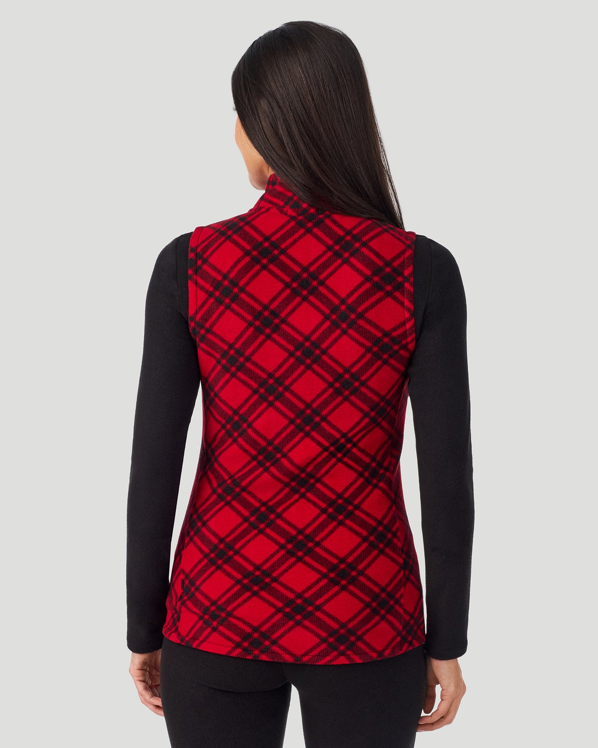 Red White Bias Plaid;@A lady wearing Fleecewear with Stretch Vest in Red White Bias Plaid
