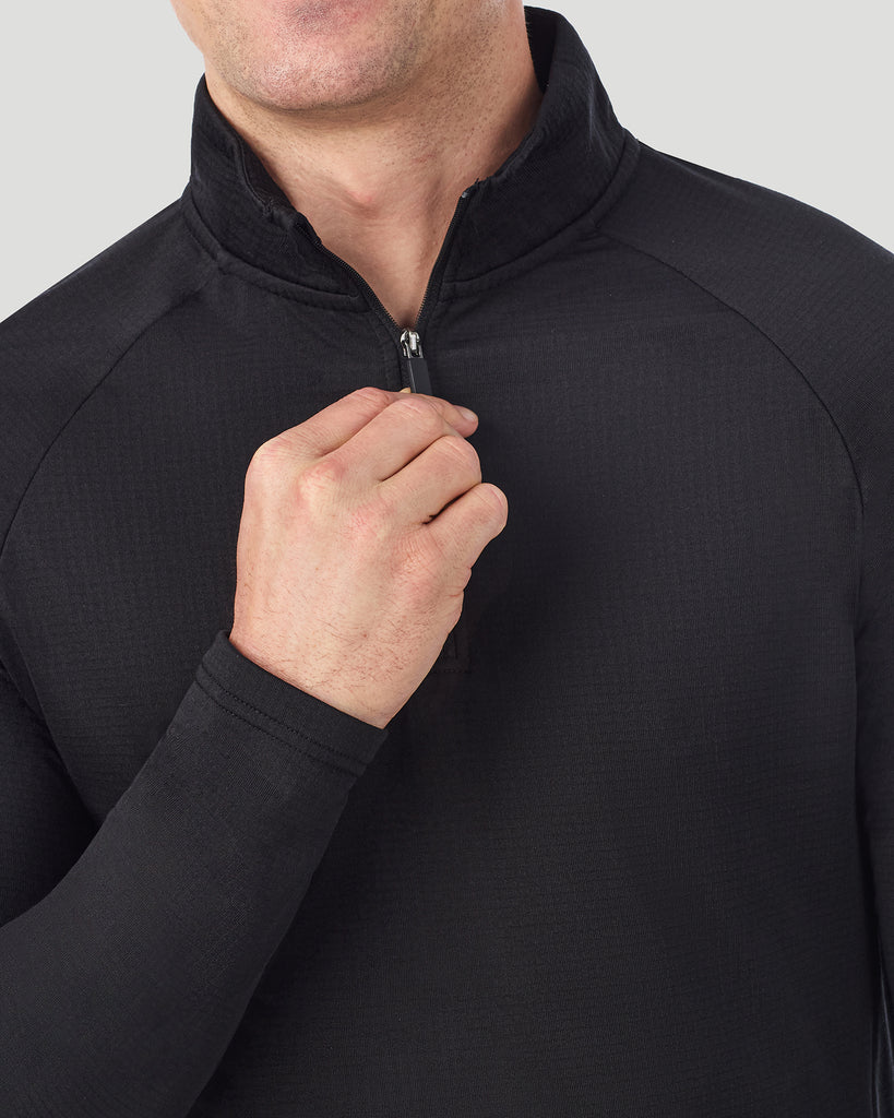  A man wearing Black X Fleece Quarter Zip in a front view detail close up look