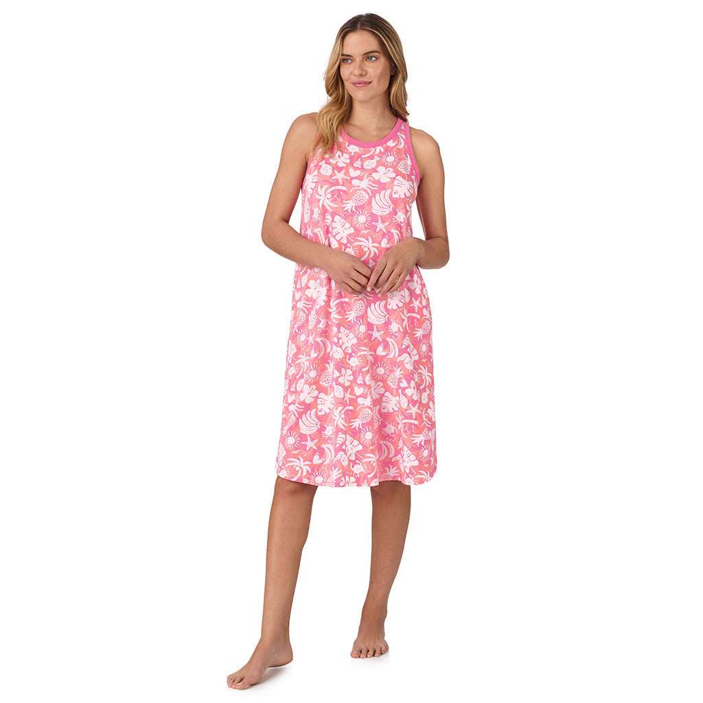 Coral Tropical;Model is wearing size S. She is 5’10”, Bust 34”, Waist 26", Hips 38”.@A lady wearing pink sleeveless cotton blend sleep midi gown coral tropical print.