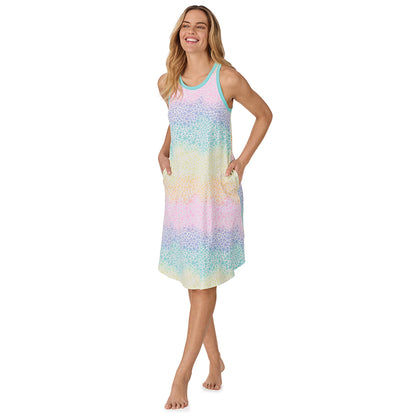 Rainbow Star; Model is wearing size S. She is 5’10”, Bust 34”, Waist 26", Hips 38”.@A lady wearing blue sleeveless cotton blend sleep midi gown rainbow star print.