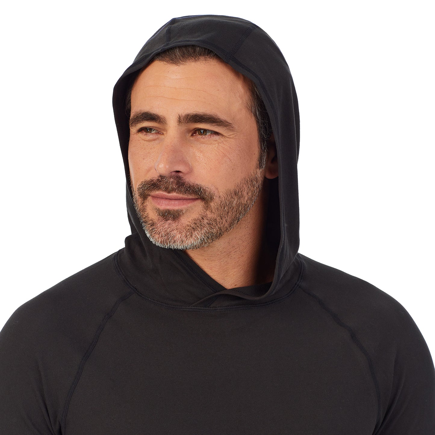 Black;Model is wearing size M. He is 6'2", Waist 32", Inseam 34".@A man wearing black ClimateSport Pull-Over Hoodie