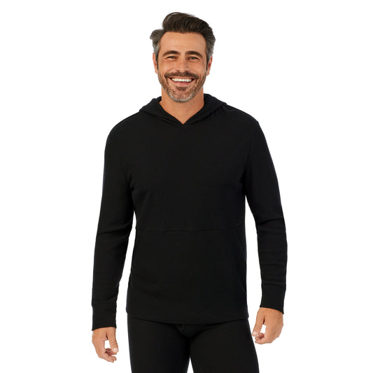 Black;Model is wearing size M. He is 6'2", Waist 32", Inseam 34".@A man wearing black Waffle Thermal Pull-Over Hoodie