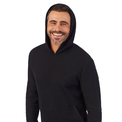 Black;Model is wearing size M. He is 6'2", Waist 32", Inseam 34".@A man wearing black Waffle Thermal Pull-Over Hoodie