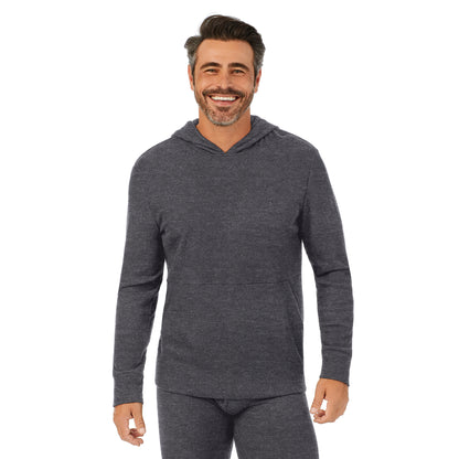 Charcoal Heather;Model is wearing size M. He is 6'2", Waist 32", Inseam 34".@A man wearing charcoal heather Waffle Thermal Pull-Over Hoodie