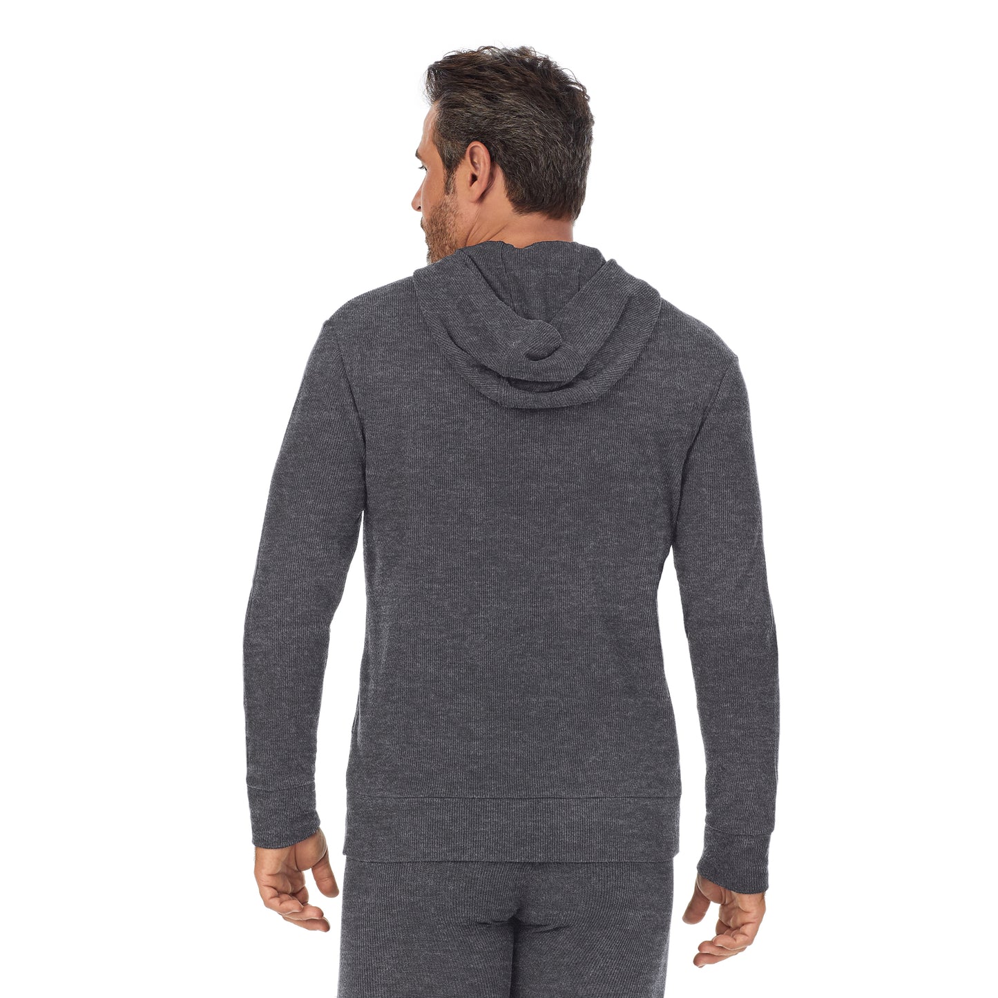 Charcoal Heather;Model is wearing size M. He is 6'2", Waist 32", Inseam 34".@A man wearing charcoal heather Waffle Thermal Pull-Over Hoodie