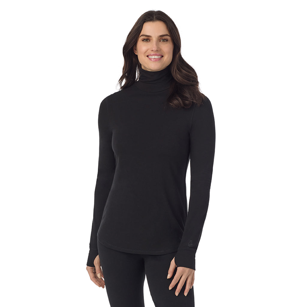 Black: Model is wearing a size S. She is 5’9”, Bust 34”, Waist 25”, Hips 36”@A lady wearing black Cottonwear Long Sleeve Turtleneck