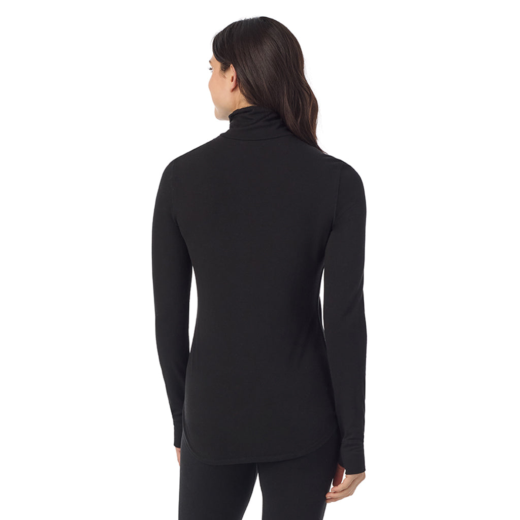 Black: Model is wearing a size S. She is 5’9”, Bust 34”, Waist 25”, Hips 36”@A lady wearing black Cottonwear Long Sleeve Turtleneck